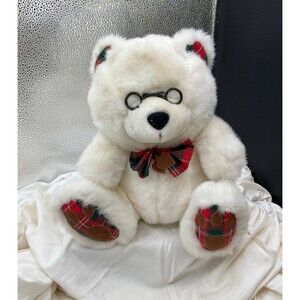 Vintage 1980s Chosun International White Teddy Bear Plush Toy Plaid Bow Ears Toe